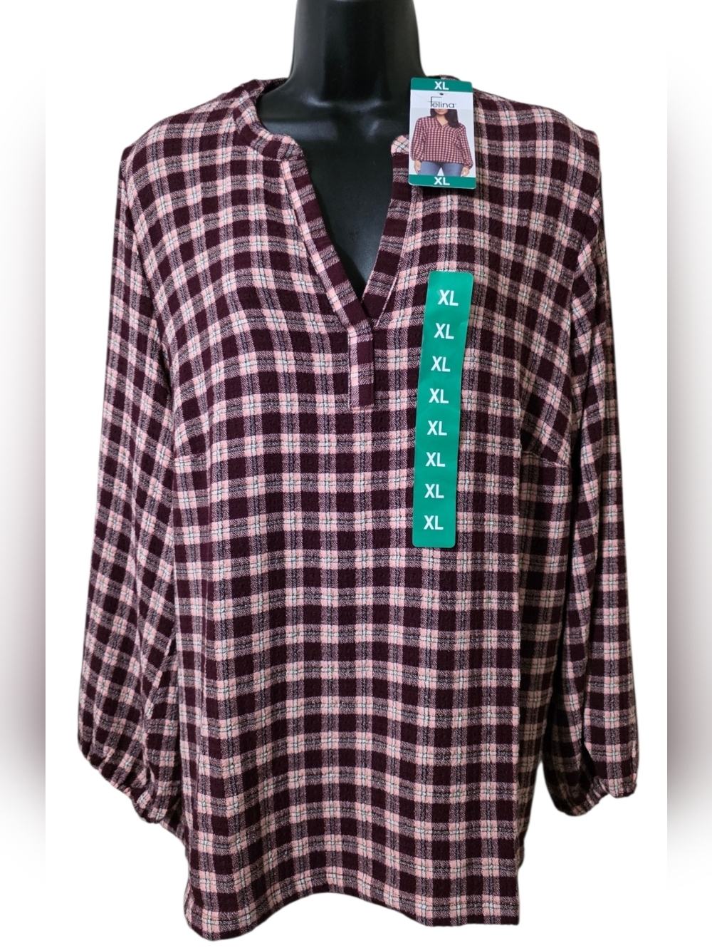 Felina Burgundy and Pink Plaid Blouse